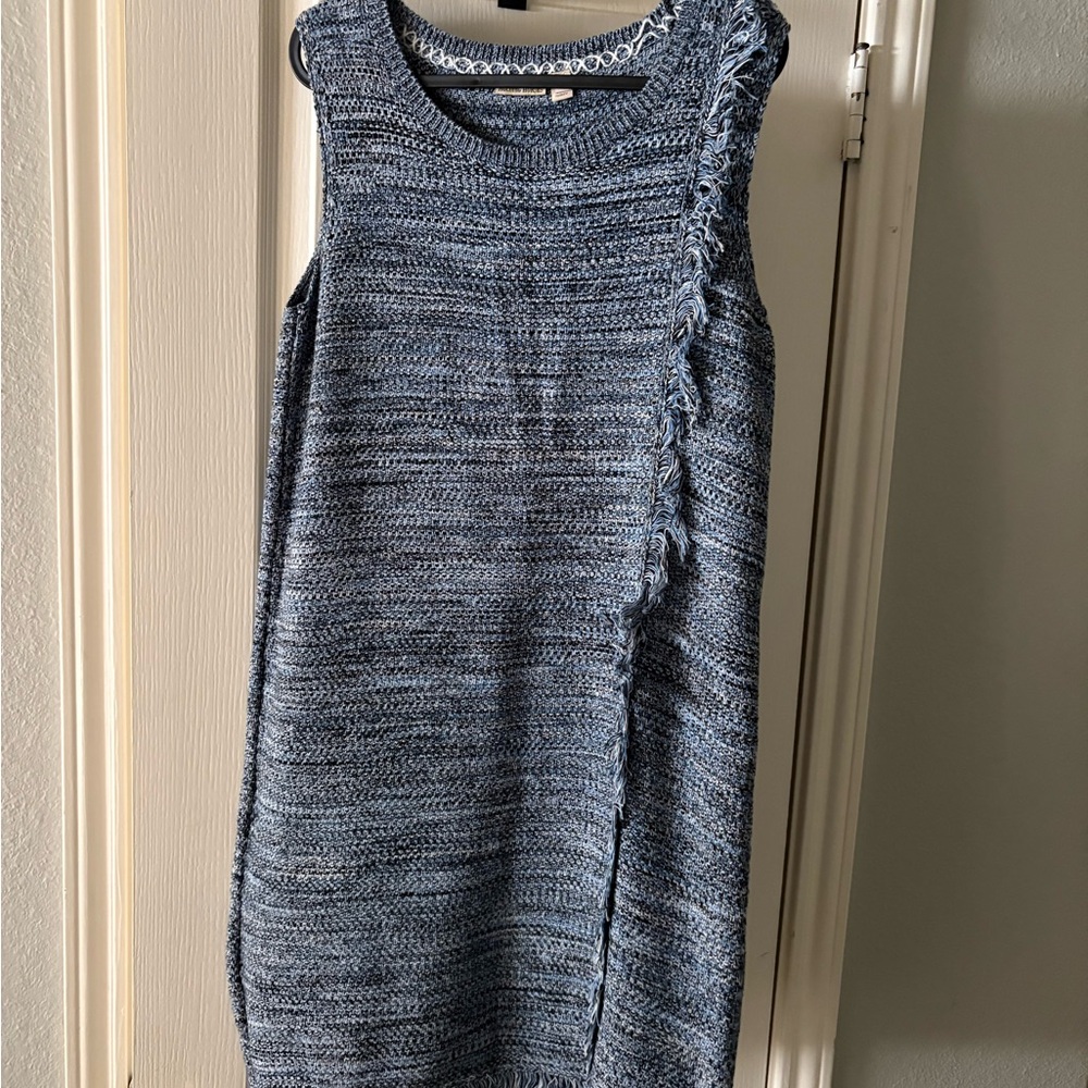 HOLDING HORSES Sleeveless Heathered Blue Knit Midi Dress with Side Fringe - S